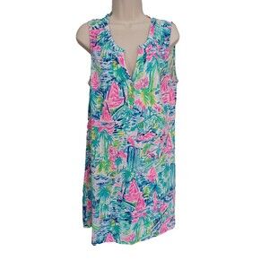 Lilly Pultizer Smocked Neck Button Front Sleeveless Sailboat Dress Womens L